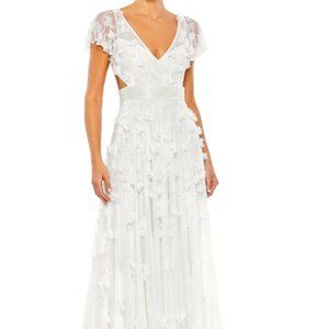 MAC DUGGAL 70275 FLORAL APPLIQUE EMBELLISHED LACE UP BACK FLOWEY WHITE GOWN sz 4